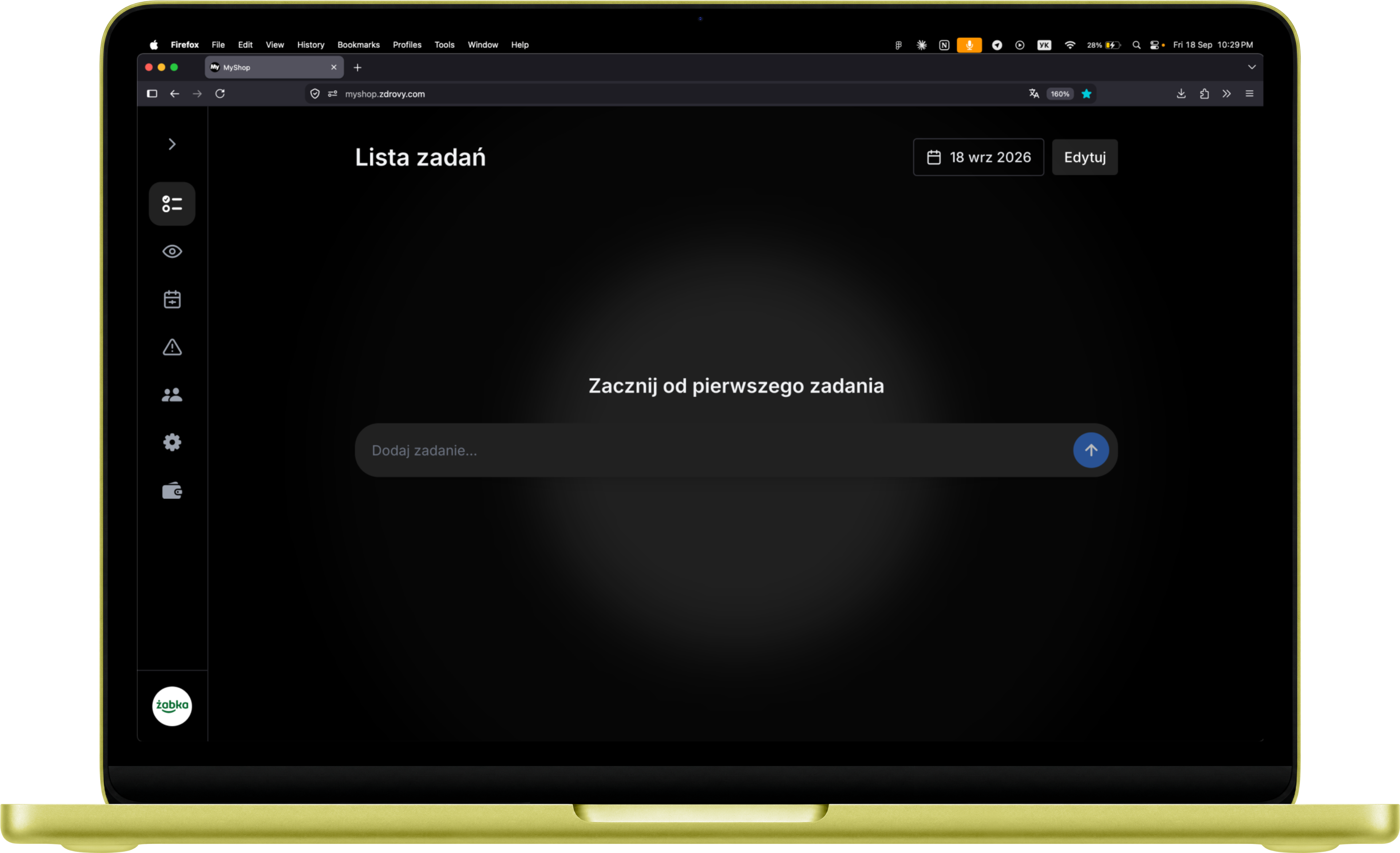 The MyShop task list open in a browser
